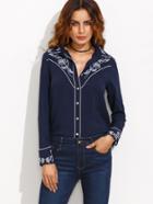 Shein Navy Embroidered Buttons Long Sleeve Blouse