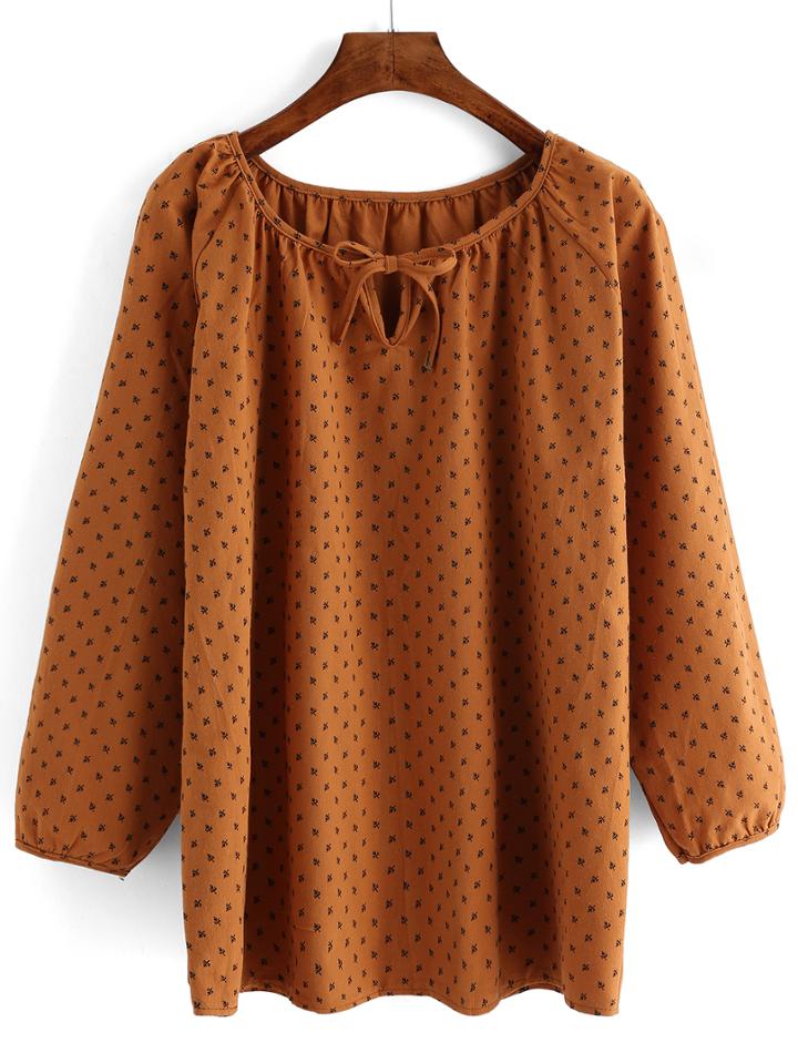 Shein Khaki Boat Neck Print Lace Up Blouse