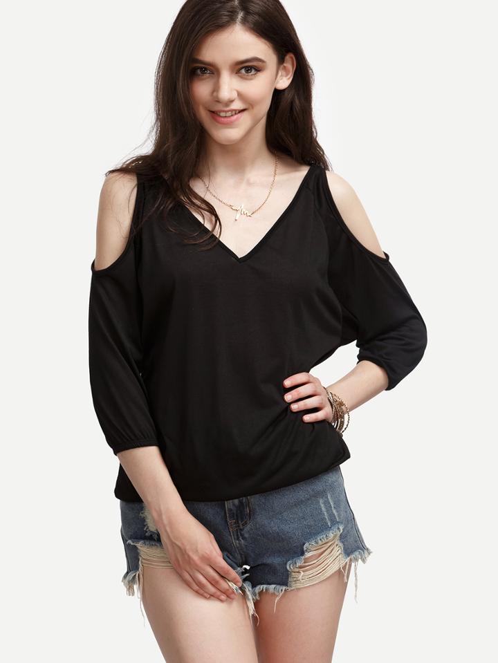 Shein Black V Neck Open Shoulder T-shirt