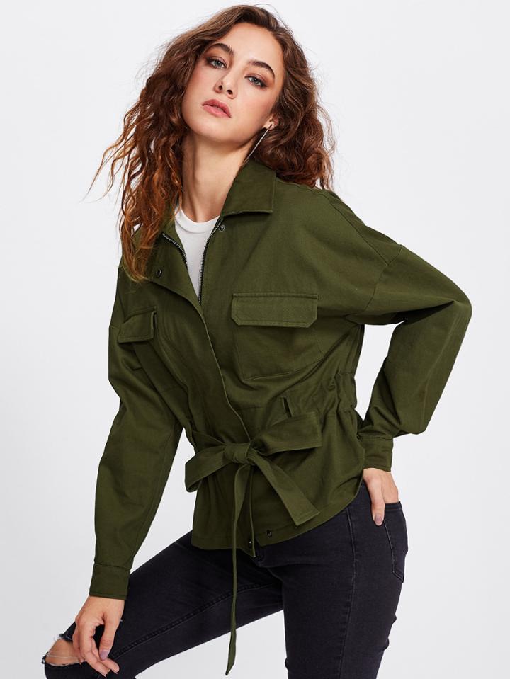 Shein Drop Shoulder Drawstring-belt Detail Utility Jacket