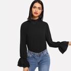 Shein Flounce Sleeve Contrast Lace Neck Blouse