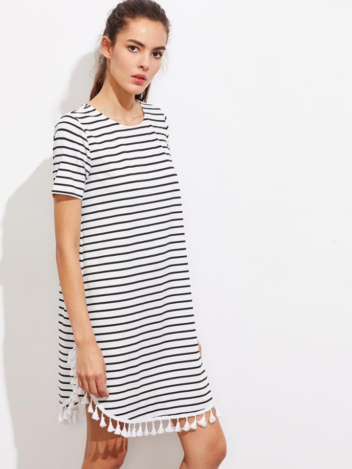 Shein Tassel Trim Dolphin Hem Striped Tee Dress