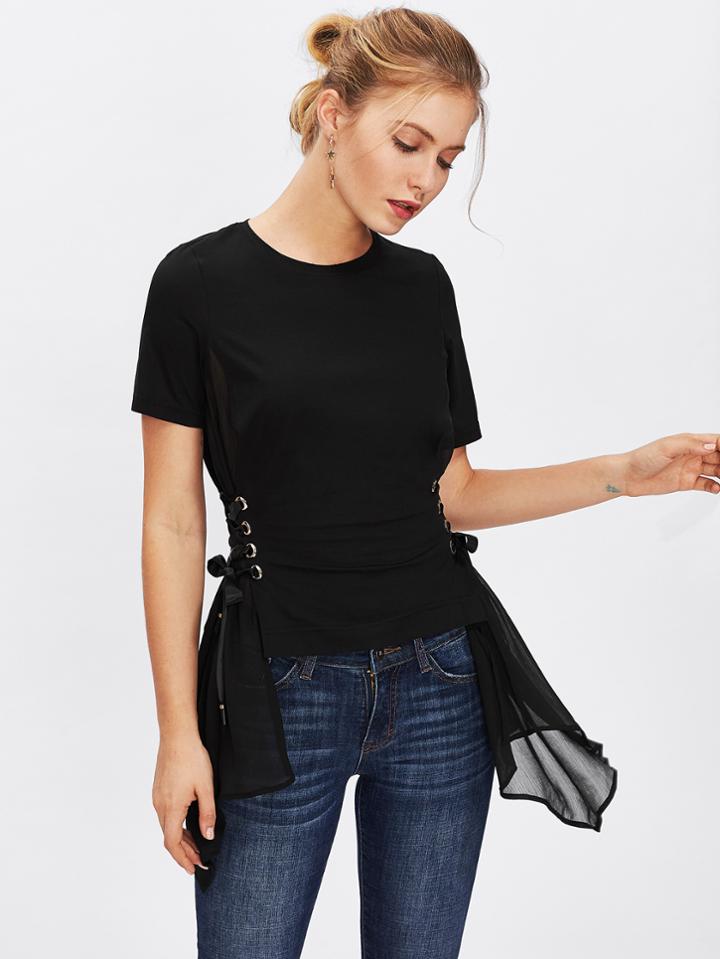 Shein Mesh Insert Grommet Lace Up Side T-shirt