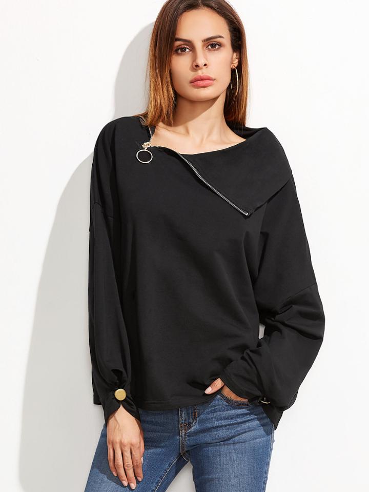 Shein Black Zip Slit Collar Drop Shoulder Buttoned Cuff Sweatshirt