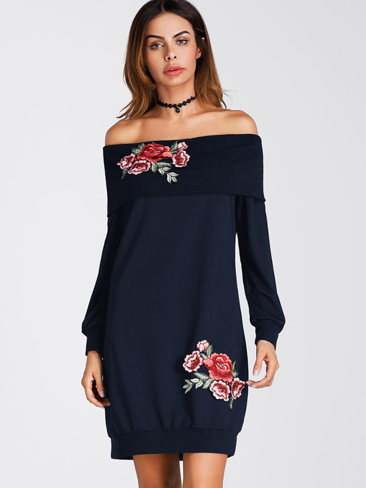 Shein Foldover Neckline Embroidered Appliques Sweatshirt Dress