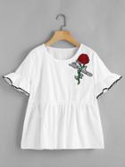 Shein Rose Embroidered Ruffle Trim Peplum Top