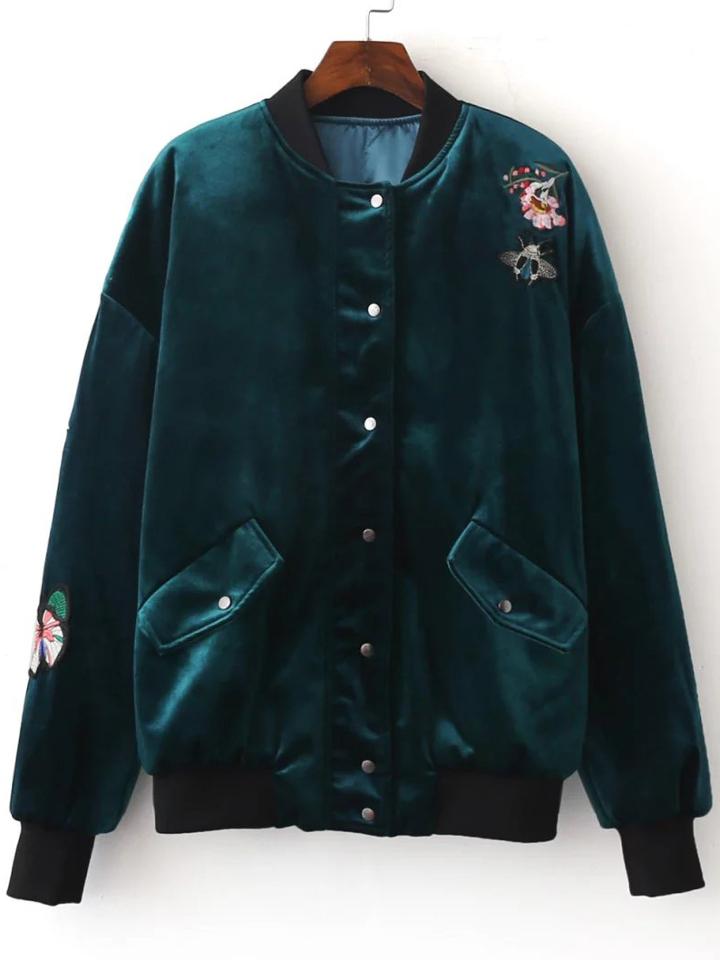 Shein Blue Floral Embroidery Button Velvet Jacket
