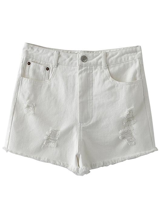 Shein White Pockets Fringe Trim Ripped Hole Denim Shorts