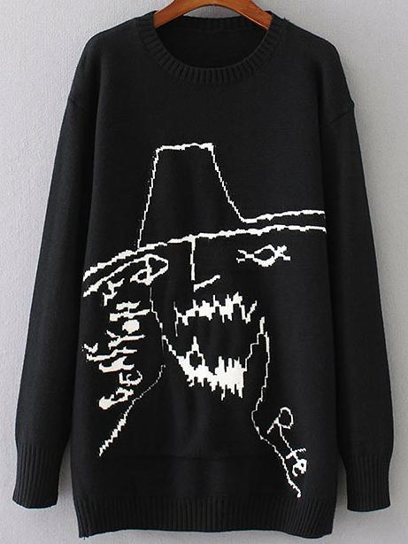 Shein Black Graphic Pattern Ribbed Trim Sweater