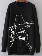 Shein Black Graphic Pattern Ribbed Trim Sweater