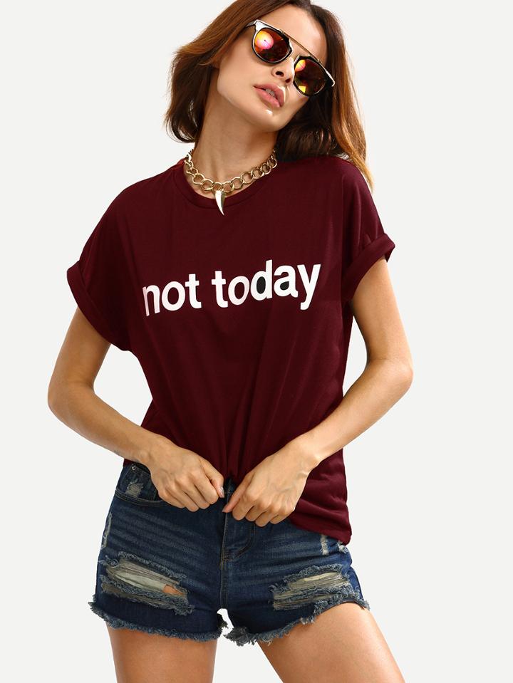 Shein Burgundy Letter Print Cuffed T-shirt