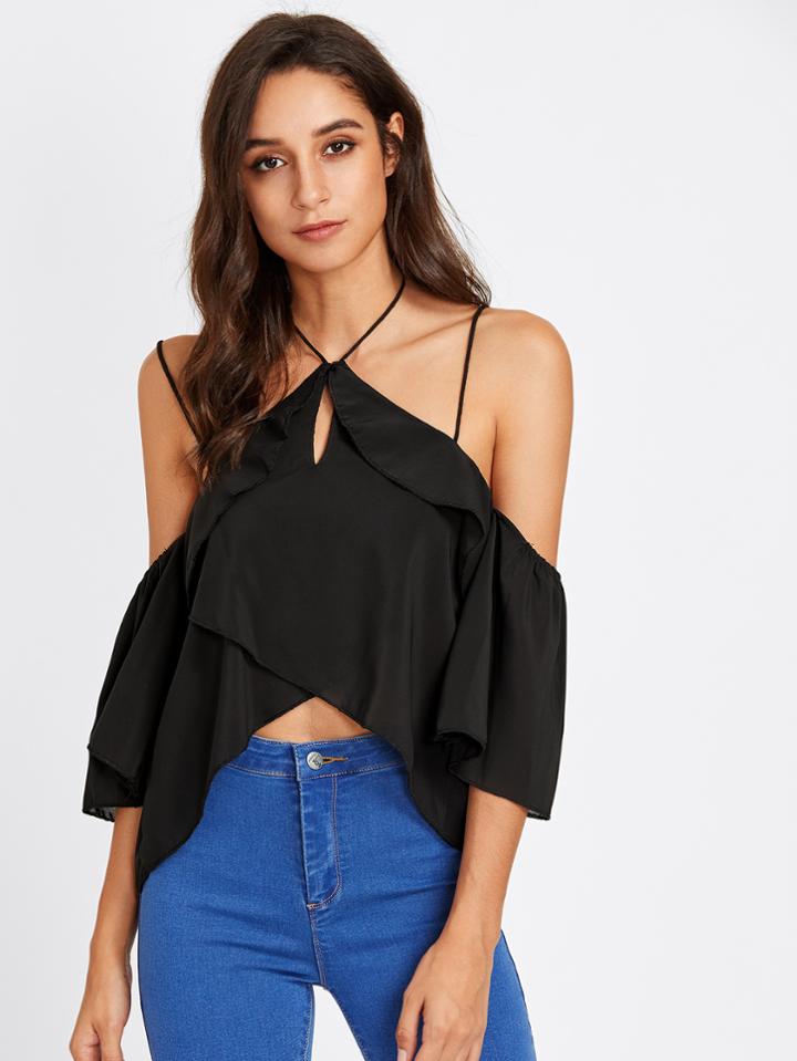 Shein Open Shoulder Tulip Hem Frill Trim Halter Top