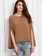 Shein Coffee Buttoned Split Sleeve Keyhole Back Blouse