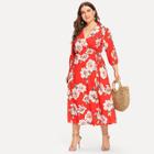 Shein Plus Waist Knot Wrap Flower Print Dress