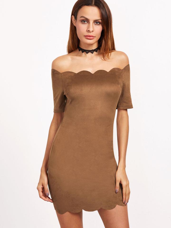 Shein Brown Suede Scallop Trim Off The Shoulder Bodycon Dress