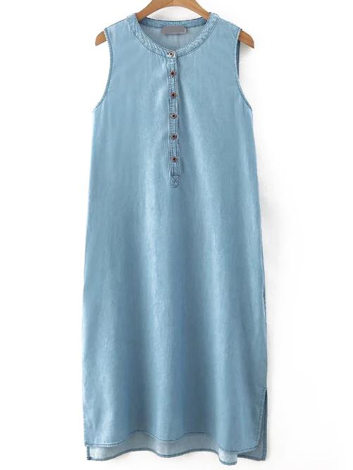 Shein Blue Round Neck Sleeveless Buttons Denim Dress