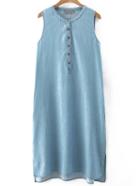 Shein Blue Round Neck Sleeveless Buttons Denim Dress