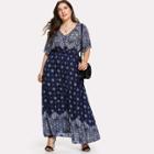 Shein Plus Ornate Print Button Front Shirred Waist Dress