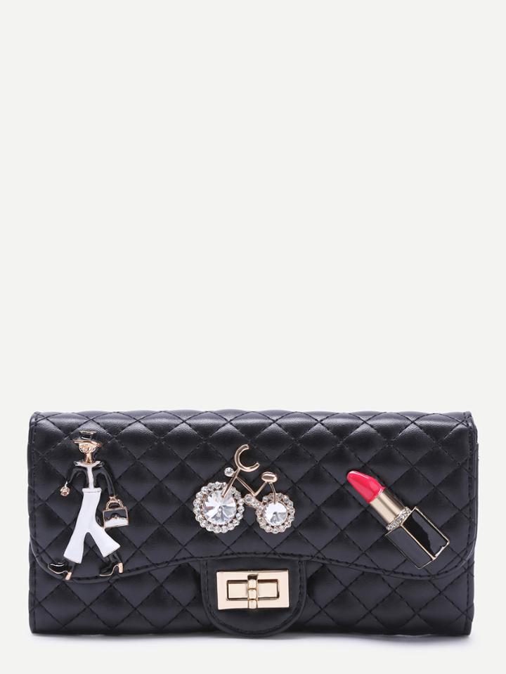 Shein Black Metallic Embellished Rhinestone Quilted Long Wallet
