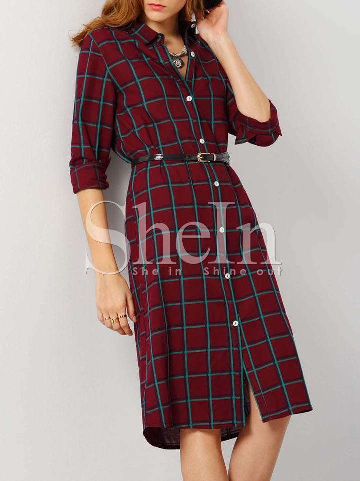 Shein Burgundy Long Sleeve Lapel Plaid Shirt Dress