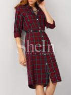 Shein Burgundy Long Sleeve Lapel Plaid Shirt Dress