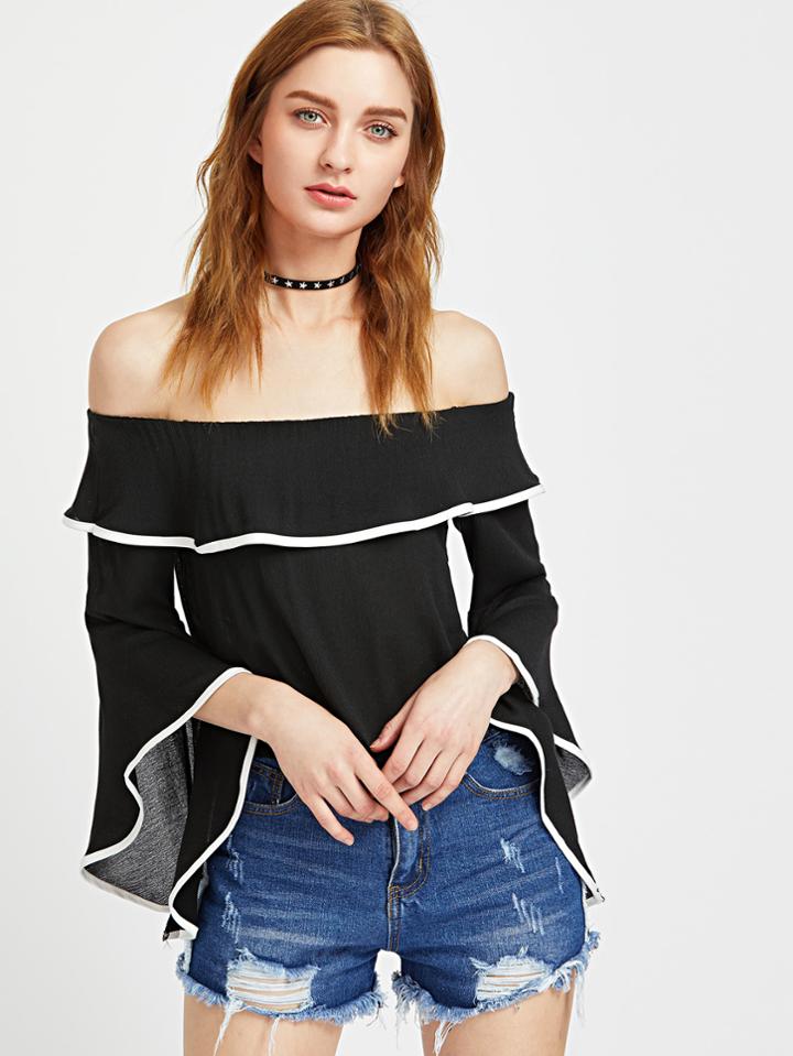 Shein Bardot Contrast Trim Bell Sleeve Frill Top