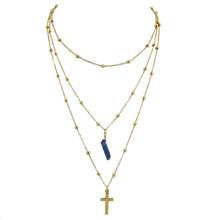 Shein Blue Cross Natural Stone Multilayer Necklace Sweater Chain Necklace