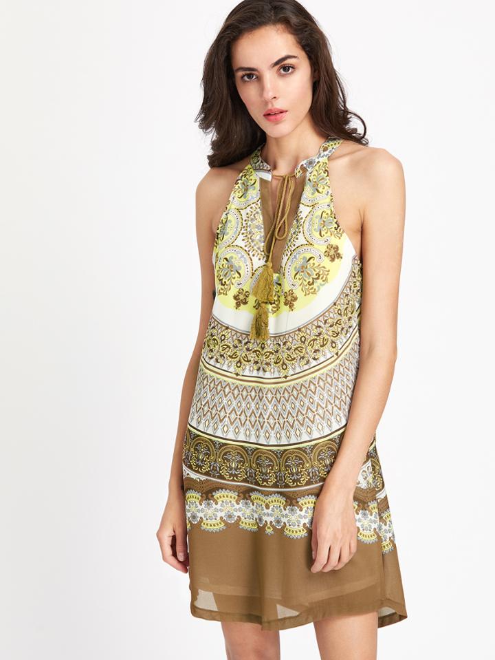 Shein Tassel Tie Halter Neck Cutout Ornate Print Dress