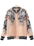 Shein Pink Pockets Fish Embroidery Organza Jacket