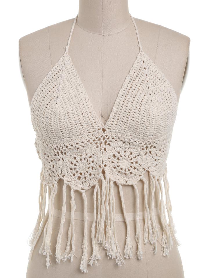 Shein Apricot Halter Crochet Tassel Hem Crop Top