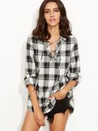 Shein Black And White Plaid Lace Up Neck Blouse