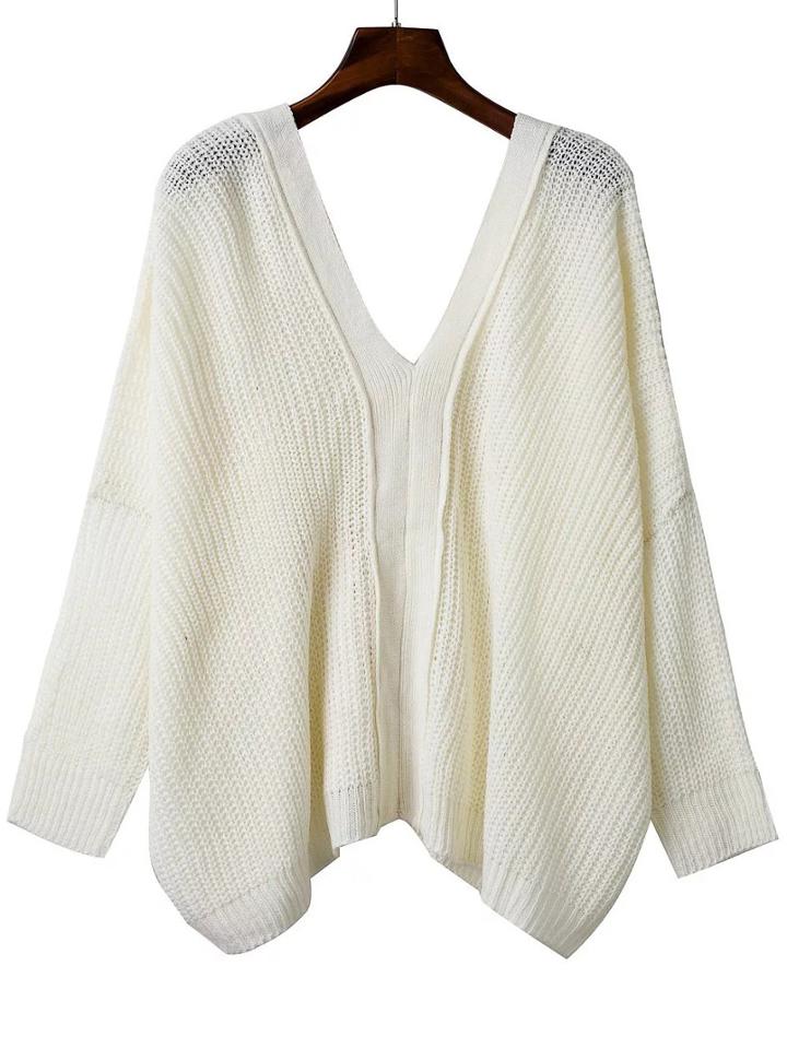 Shein White V Neck Lace Up Back Drop Shoulder Sweater