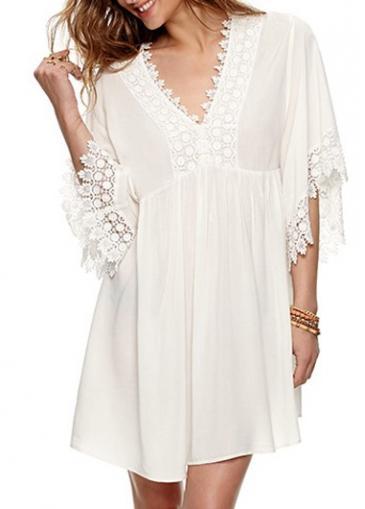 Rosewe Causal Three Quarter Sleeve V Neck White Mini Dress