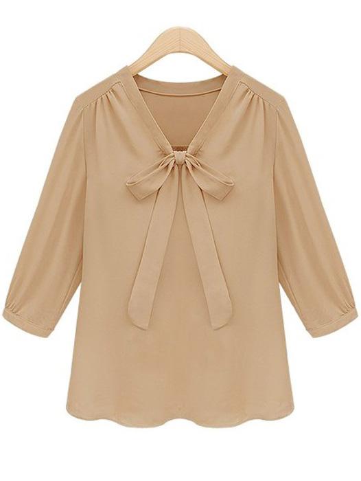 Shein Beige Bowknot Chiffon Shirt