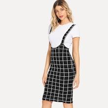 Shein Slit Back Grid Skirt With Strap