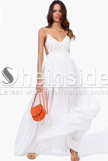 Shein White Spaghetti Strap Embroidered Pleated Maxi Dress