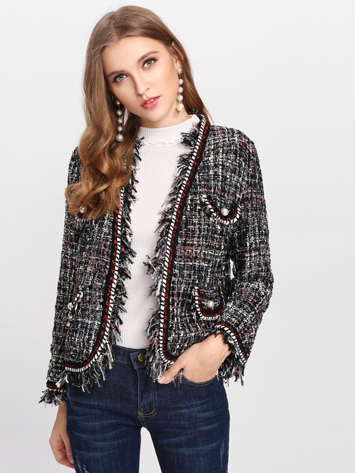Shein Pearl Beading Applique Trim Tweed Blazer