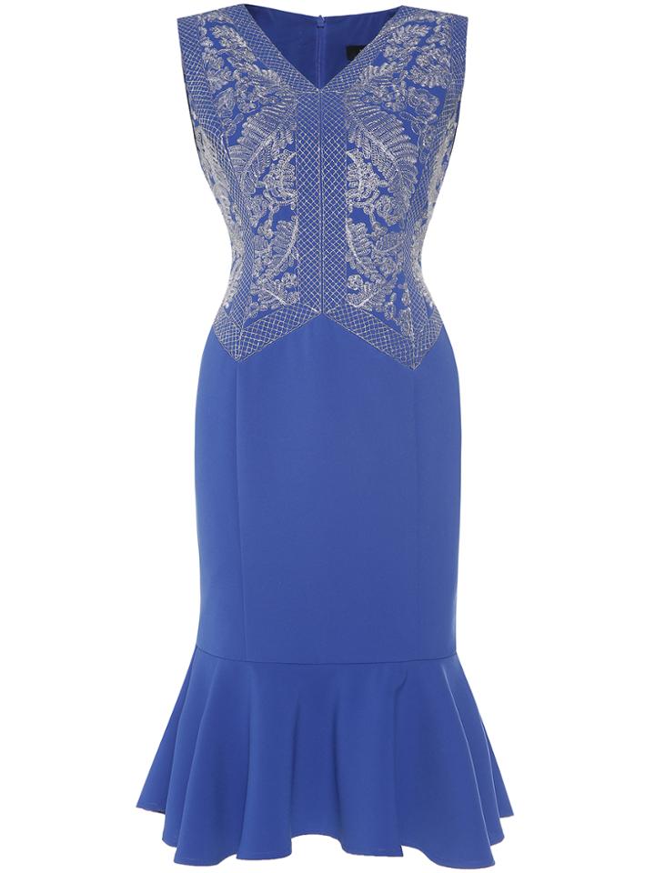 Shein Blue V Neck Embroidered Fishtail Dress