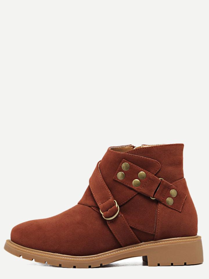 Shein Brown Faux Suede Buckle Strap Side Zipper Booties