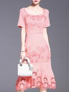 Shein Pink Boat Neck Short Sleeve Hollow Embroidered Dress