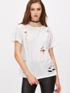 Shein White Distressed Short Sleeve T-shirt