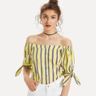 Shein Off Shoulder Tie Cuff Striped Blouse