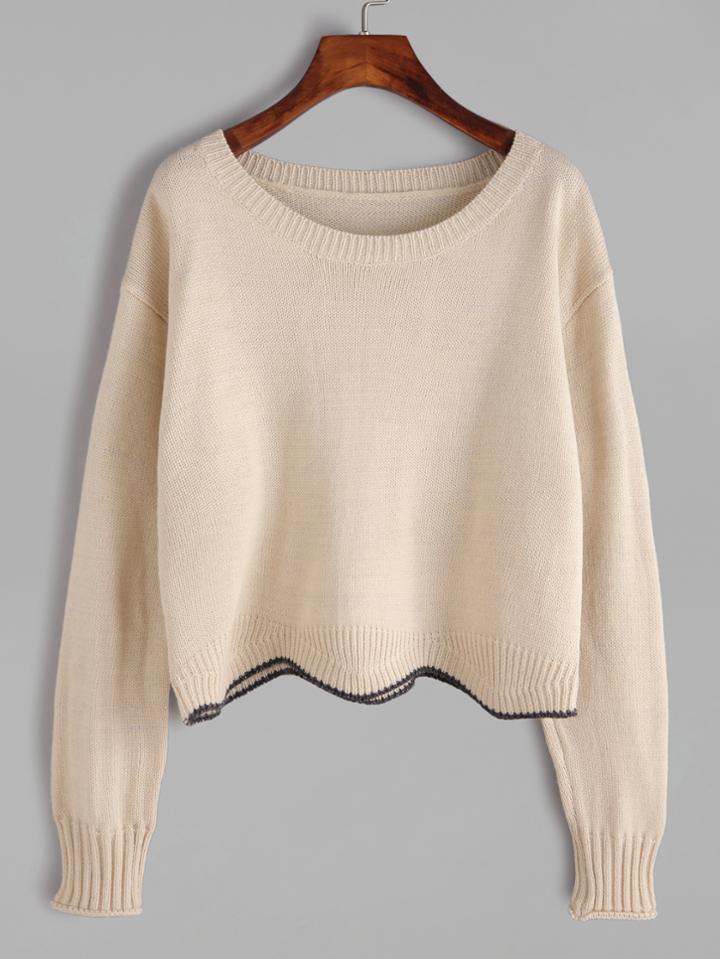 Shein Apricot Drop Shoulder Contrast Scoop Hem Sweater