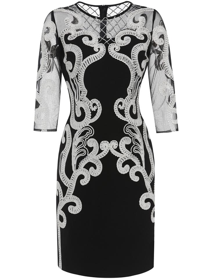 Shein Black Crew Neck Sheer Disc Flowers Sheath Dress