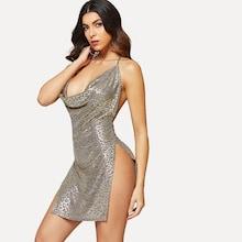 Shein Cowl Neck High Slit Metallic Dress