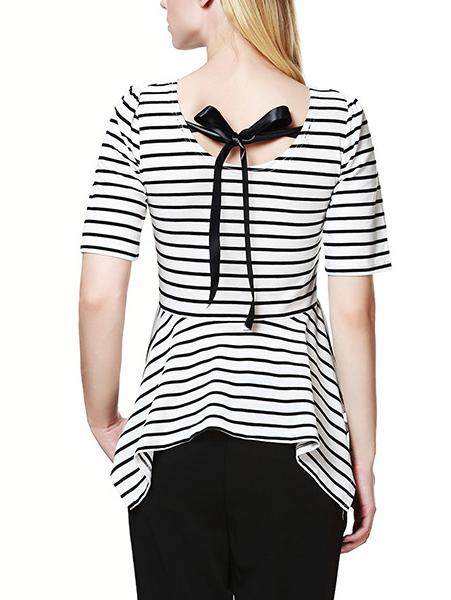 Shein Black White Elbow Sleeve Striped Asymmetrical T-shirt
