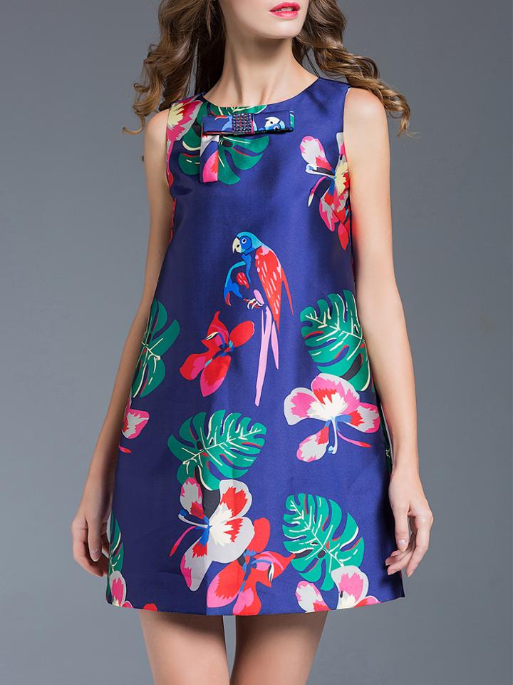 Shein Blue Bowknot Flowers Print Shift Dress