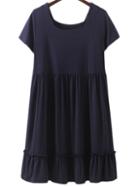 Shein Navy Square Collar Ruffle Hem Pleated Casual Dress