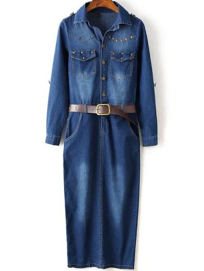 Shein Navy Bleached Rivet Split Denim Dress