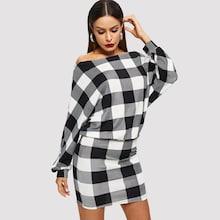 Shein Off Shoulder Dolman Sleeve Plaid Blouson Dress